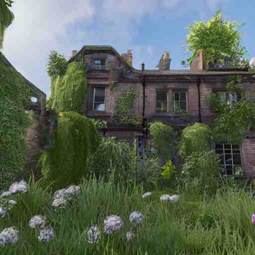 outside a derelict victorian house, garden in front of house is overgrown and walls are crumbling down, moss and ivy cover the walls ray traced unreal 5, ultra details 