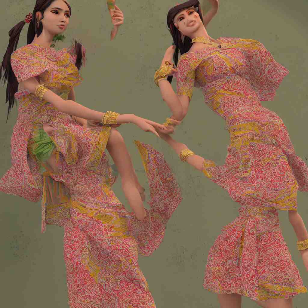 beautiful summer assamese mekehela bihu style floral gamosa dress ; flirtatious, boho - chic, sleeveless, elegant, short skirt length, slimmer demeanor, plethora of colors ; mini dress, highly detailed cute face by wlop ; octane render, unreal engine 5, trending on artstation, 8 k, symmetrical, cinematic, high coherence, hdr fabric textures 