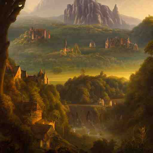 Vast verdant valley surrounded by Transylvanian mountains, with a large zeppelin hovering in the foreground, and a ruined medieval castle on the hillside in the background. No villages. Late evening light in the summer, gloomy weather. Hyperrealistic, high quality, sharp, highly detailed, peter mohrbacher,.