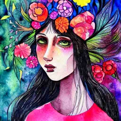 a painting of a woman with flowers in her hair, a watercolor painting by alice mason, deviantart, psychedelic art, deviantart, detailed painting, watercolor 