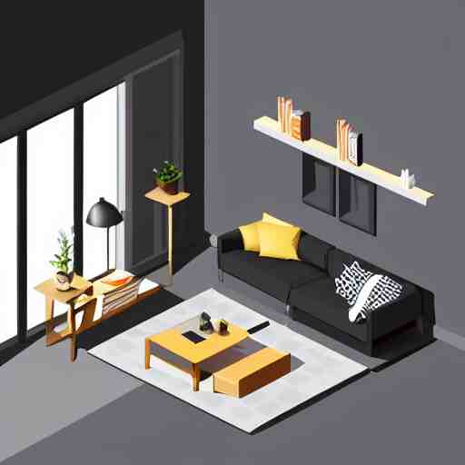 interior design of a beautiful and cozy isometric living room, modern minimal design, photorealist, 4 k 