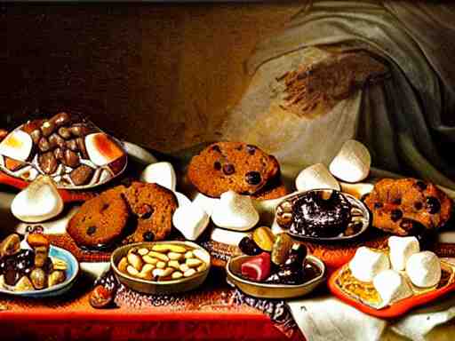 opulent banquet of plates of freshly baked chocolate chip cookies, jelly beans, chocolate sauce, marshmallows, highly detailed, food photography, art by rembrandt 