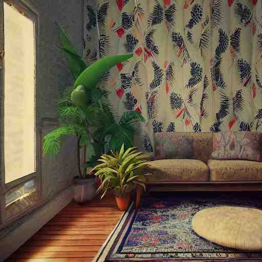 1 9 6 9 living in an older house, hippie pad, hippie chic, antiques, tropical houseplants, beaded curtains, posters on the walls, persian rugs, artstation, octane, 8 k, mildly desaturated. 