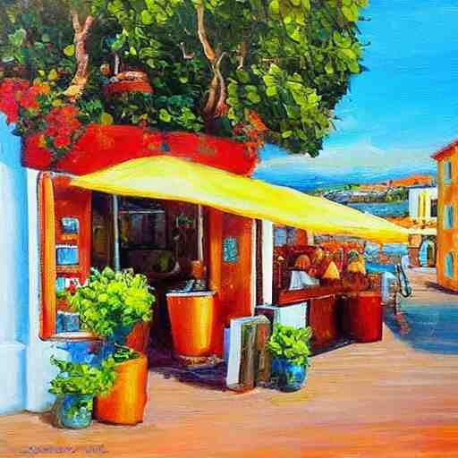 small cafe in italy, capri coast, sea, sunny day, summer, clouds on the sky, oil painting style, 