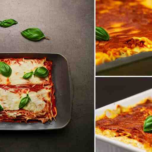 studio photography of a platypus cooking a lasagna with three basil leaves over the lasagna 