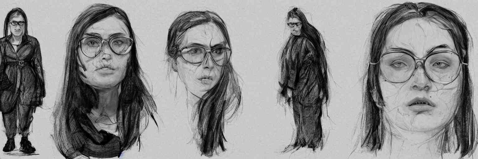 character study of female adolf hitter, evil woman, glasses, clear faces, emotional, character sheet, fine details, concept design, contrast, kim jung gi, francis bacon and jenny saville, trending on artstation, 8 k, full body and head, turnaround, front view, back view, ultra wide angle 