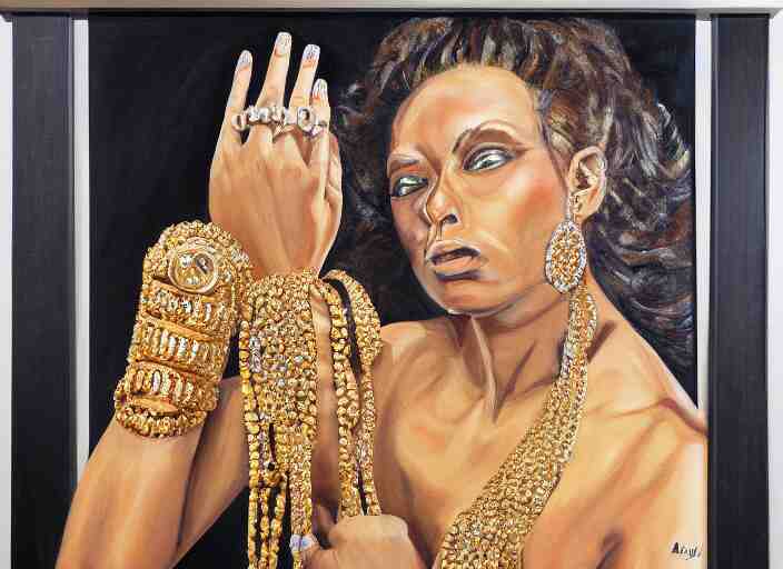 painting of a female wearing hundreds of gold and platinum rings, by alex petruk 