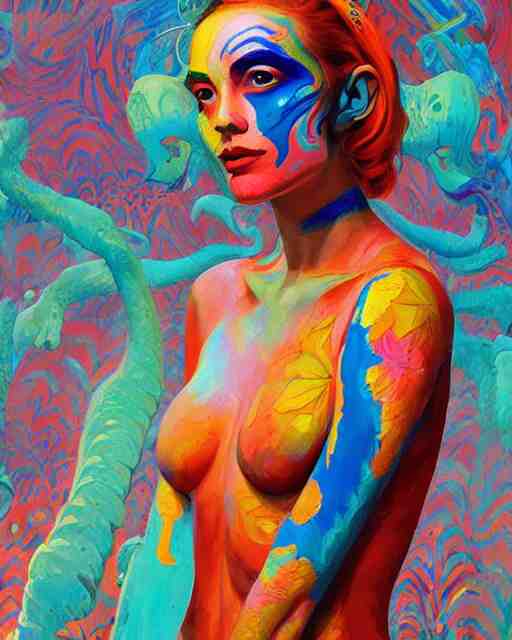 a beautiful girl wearing colourful face paint surrounded by bright intricate patterns, painted by edward hopper, wayne barlowe, painted by james gilleard, airbrush, art by jamesjean 