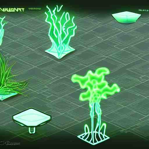 concept art 2 d game asset of furniture with an organic isometric design based on bioluminescent alien - like plants inspired by the avatar's bioluminescent alien nature. around the furniture, we can see plants that glow in the dark. all in isometric perspective and semi - realistic style item is in a black background colorful neons surrealistic masterpiece 