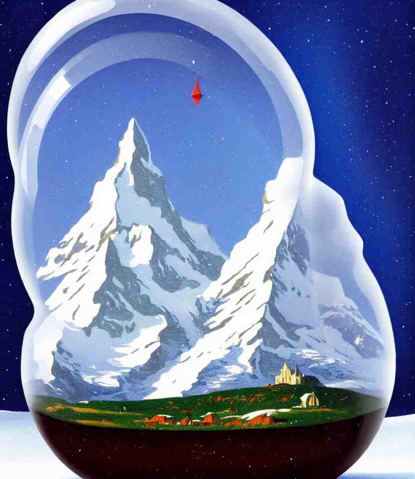 an achingly beautiful print of one cylindrical snow globe with the matterhorn inside by raphael, hopper, and rene magritte. detailed, proportional, romantic, vibrant, enchanting, trending on artstation 