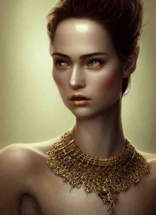 realistic character concept, porcelain skin woman with lots of jewelry in the face, elegant pose, scifi, illustration, slender symmetrical face and body, artstation, cinematic lighting, hyperdetailed, cgsociety, 8 k, high resolution, charlie bowater, natalie shau, single face, insanely detailed and intricate, beautiful, elegant, golden ratio, artdeco 