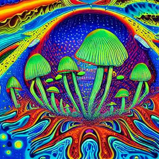 mushroom universe by Alex Gray, oil painting, cosmic, ethereal, highly detailed, psychedelic, (((neon)))