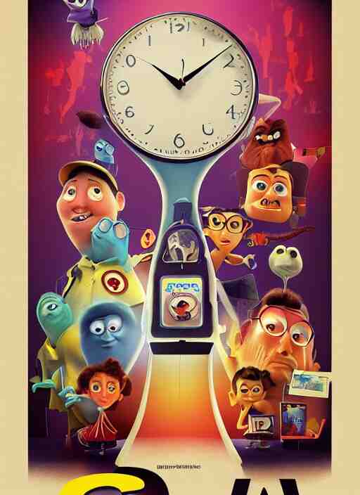 a poster of a pixar's movie about clocks, high definition, trending on artstation 