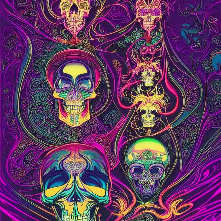 psychedelic skull infinite fractal worlds bright neon colors highly detailed cinematic eyvind earle tim white philippe druillet roger dean lisa frank aubrey beardsley 