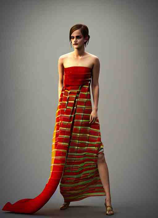 emma watson wearing assamese silk bihu mekhela strapless costume expertly draped maxi style dress by madeleine vionnet, assamese gamosa pattern, face by daz 3 d genesis and artgerm concept art 3 d octane render cinema 4 d v ray, unreal engine, hyper realistic hdr fabric textures, ray traced, bright lit cinematic studio fashion photography, real life like, daz iray shaders 