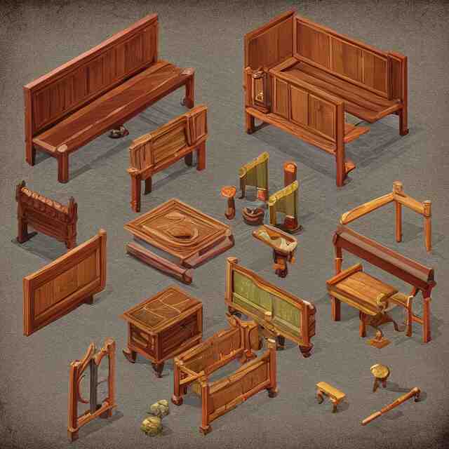 a digital painting of isometric medieval furniture by yusuf artun, highly detailed, digital art, isometric, artstation hd 