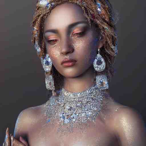 a beautiful portrait of a diamond goddess with glittering skin, a detailed painting by greg rutkowski and raymond swanland, behance contest winner, photorealism, behance hd, daz 3 d, zbrush 