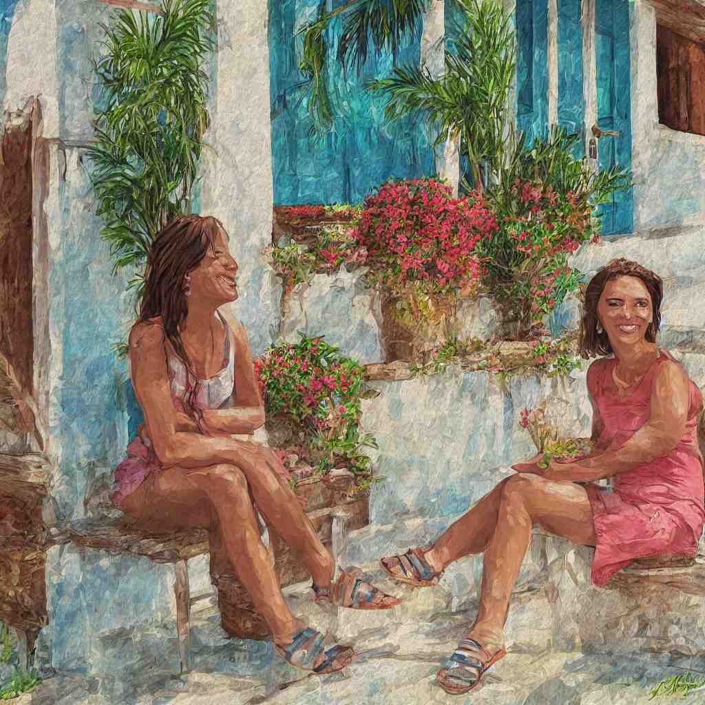 a beautiful woman with freckles sitting on the porch, caribbean, digital art