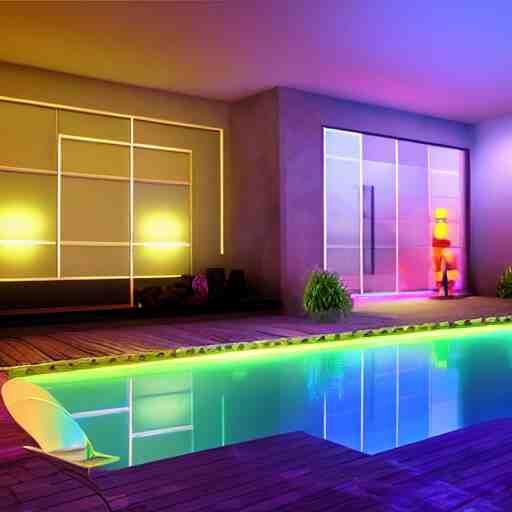 govee hue led strip lighting, swiming pool, scene, colourful, 8 k, unreal engine, realistic, house and home, 