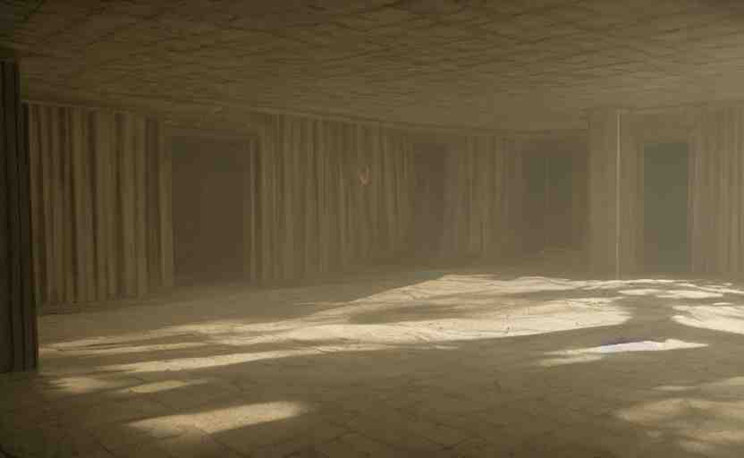 cinematic screenshot of the surreal interior for house built on nothing and something for the nothing underneath, moody scene from being john malcovich directed by charlie kaufman ( 2 0 0 1 ), moody volumetric light morning, anamorphic lenses, kodak color film stock 