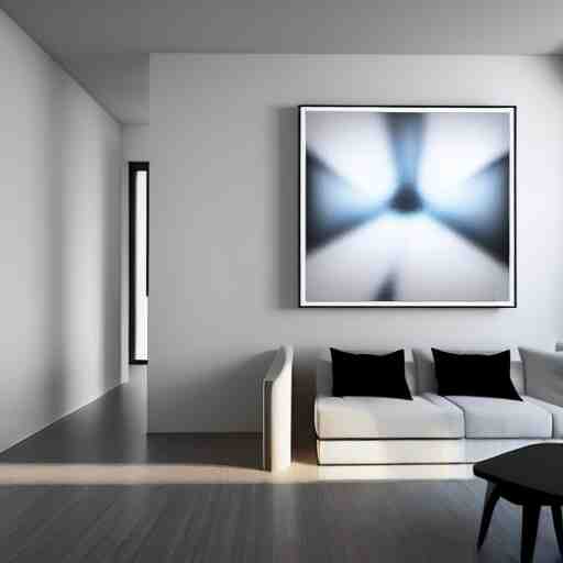 : abstract paintings on wall in white art studio with modern architecture cinematic lighting, hyper - realistic, detailed, render by c 4 d octane, unreal engine, 8 k 3 d render 