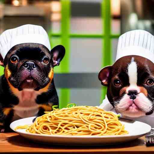 a 8k highly detailed still photo by David Bailey of Two multi-colored French Bulldogs in chef hats and aprons starring on a cooking show, a plate of spaghetti is prepared, a high end restaurant kitchen in the background, bokeh