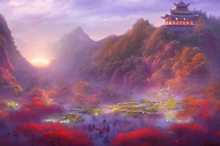 A large glowing Chinese temple, daybreak morning lighting, amazing cinematic concept painting,  by Jessica Rossier, Gleaming White, overlooking a valley, Himeji Rivendell Garden of Eden, autumn maples, wildflowers and grasses, terraced orchards and ponds, lush fertile fecund, fruit trees, by Brian Froud by Beksinski