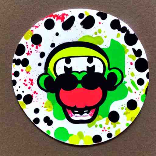 die cut sticker, yoshi wearing mario's mustache, splatter paint 