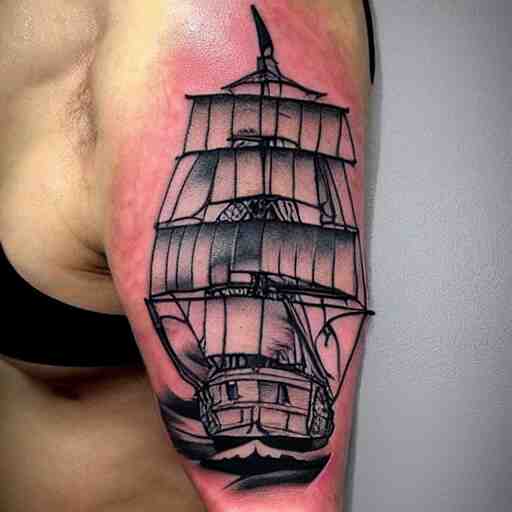 A pirate ship tattoo design in the style of Dmitriy Samohin, hyper realistic tattoo