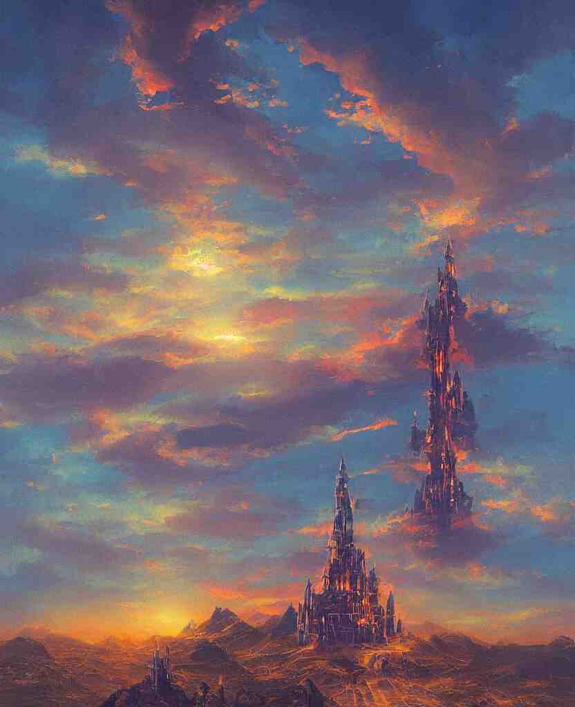 “ a landscape painting in the style of noriyoshi ohrai of a holy tower, it is a glowing fortress and has iridescent mana radiating from it into the aether. it is centered. the background is the sky at dawn. retrofuturistic fantasy ” 