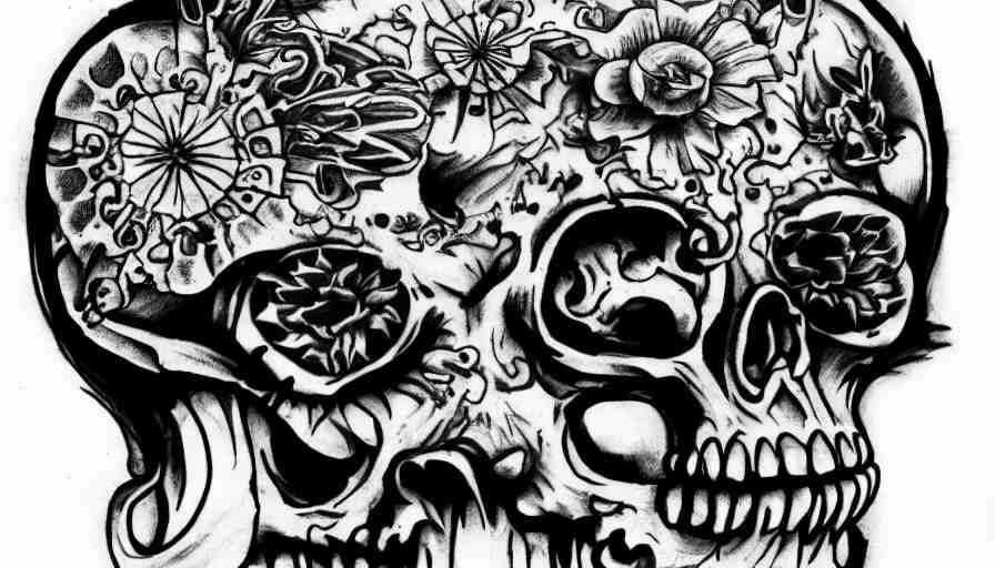 highly detailed skull, Japanese ornament, tattoo ink sketch, isolated on white background