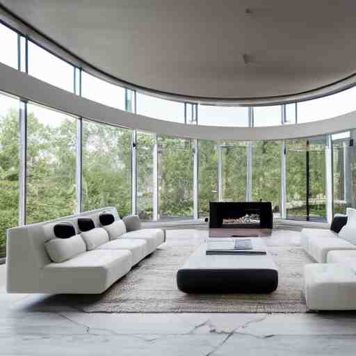 A modern living room with floor to ceiling glass windows on the left and on wooden stairs to the second floor on the right, two white sofas with a white marble table in the center, 8k resolution, professional interior design photograph, wide angle photograph