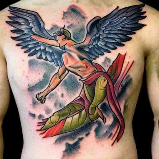 tatoo art of icarus flying over some ruins 