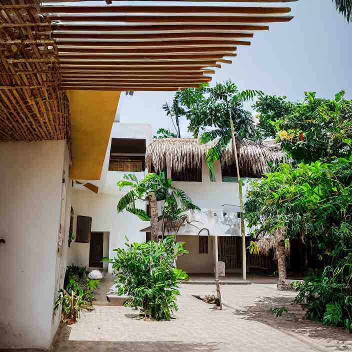 idyllic town house on a quiet street in lagos, tropical architecture with sun shading and pergolas, modernist african building, contemporary architecture, architectural photography, canon eos r 3, telephoto lens, sigma 5 0 0 mm f / 5, iso 2 0 0, 1 / 1 6 0 s, 8 k, raw, unedited, in - frame 