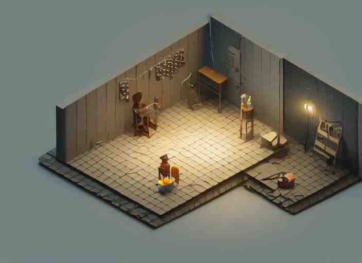 isometric view of a dimly lit room, a 3 d render by paul kelpe, cgsociety contest winner, volumetric lighting, cinematic lighting, isometric 