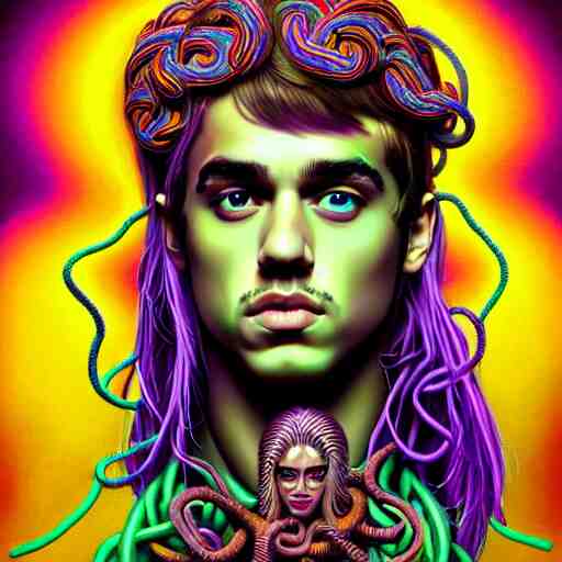 an extremely psychedelic portrait of jusyin bieber as medusa, surreal, lsd, face, detailed, intricate, elegant, lithe, highly detailed, digital painting, artstation, concept art, smooth, sharp focus, illustration 