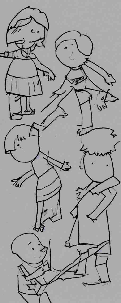 a child's simple drawing of playing with a friend, concept art, sparse layout 