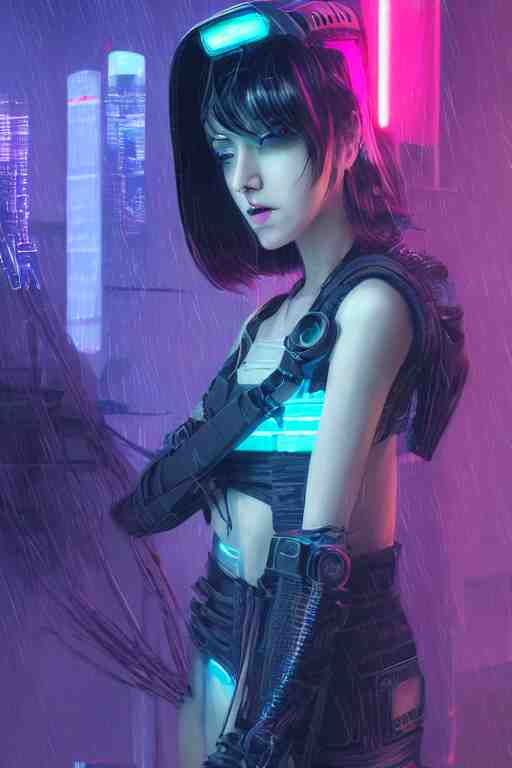 portrait futuristic nefarious cyberpunk young female Necromancer, in futuristic rainny thunder flashing tokyo rooftop cyberpunk night, ssci-fi, fantasy, intricate, very very beautiful, elegant, neon light, highly detailed, digital painting, artstation, concept art, soft light, hdri, smooth, sharp focus, illustration, art by tian zi and craig mullins and WLOP and alphonse mucha