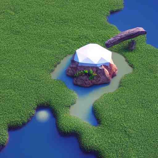 a floating island on an aquatic environment isometric art, lago de sorapis landscape, low poly art, game art, artstation, 3D render, high detail, cgsociety, octane render