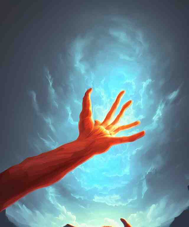 a giant hand reaching from a portal in the sky, in the art style of robbie trovino, digital painting, artstation, instagram, sharp focus, illustration, surrealism 