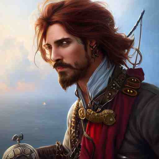 3 / 4 headshot of male airship pirate, d & d, handsome, fantasy, intricate, long hair, airship, steampunk, red hair, elegant, highly detailed, digital painting, artstation, concept art, smooth, sharp focus