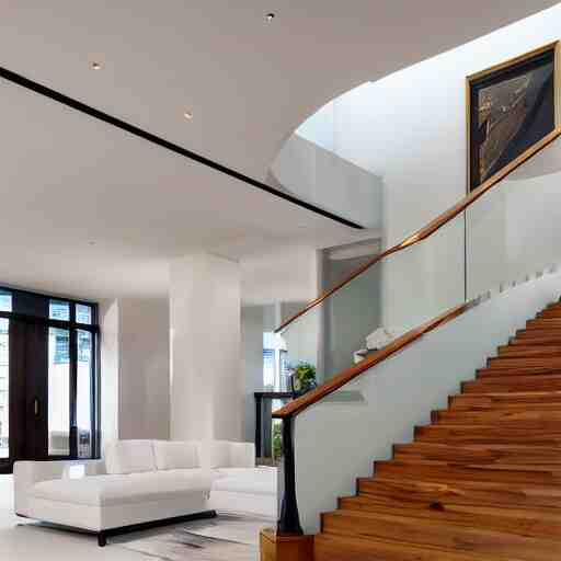 A modern style living room with floor to ceiling glass windows on the left and curved wooden stairs going upstairs on the right, two white sofas with a white marble table in the center, stairs to the second floor, 8k resolution, professional interior design photograph, wide angle photograph