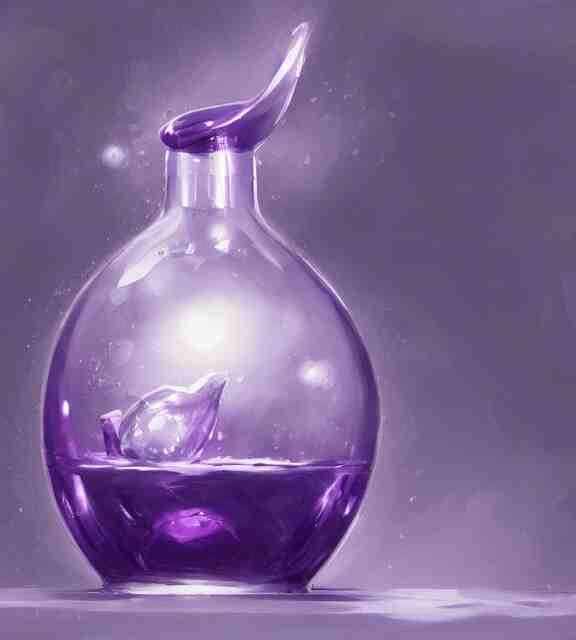 a closeup of a purple potion in a round bottle on a messy desk. by makoto shinkai, stanley artgerm lau, wlop, rossdraws, james jean, andrei riabovitchev, marc simonetti, krenz cushart, sakimichan, d & d trending on artstation, digital art 