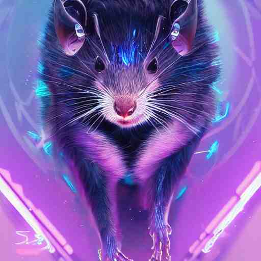 a beautiful full body portrait of a cute cyberpunk rat with bioluminescent fur and bioluminescent tail by sandra chevrier and greg rutkowski and wlop, purple blue color scheme, vaporware, retro, outrun, high key lighting, volumetric light, digital art, highly detailed, fine detail, intricate, ornate, complex, octane render, unreal engine, photorealistic 