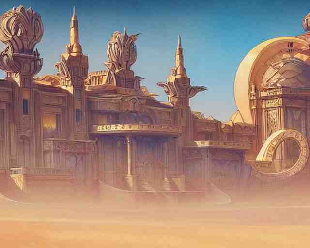 art deco palace in the desert, fantasy, intricate, elegant, highly detailed, digital painting, artstation, concept art, matte, sharp, illustration, hearthstone, art by artgerm and greg rutkowski and alphonse mucha 