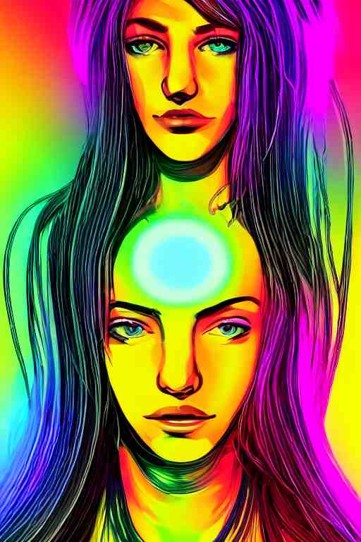 a award winning half body portrait of a beautiful woman with stunning eyes in a croptop and cargo pants with rainbow colored hair, routlined by whirling illuminated neon lines, fine rainbow colored lines swirling in circles, outrun, vaporware, shaded flat illustration, halftone, digital art, trending on artstation, highly detailed, fine detail, intricate 