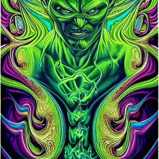 the incredible hulk becomes a fractal, painted by alex grey. psychedelic visionary art 