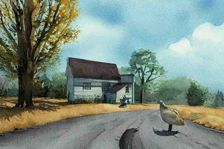 country road store goose watercolor trending on artstation 