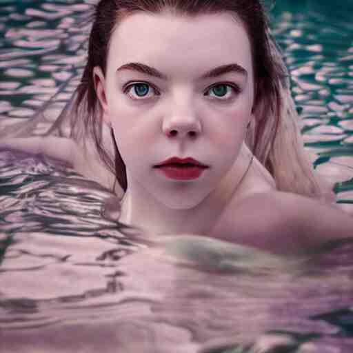 a beautiful girl like anya taylor - joy floating under the deep water, white petal, by personal photography, art by brookskim, closeup, 4 k, highly detailed, instagram, 