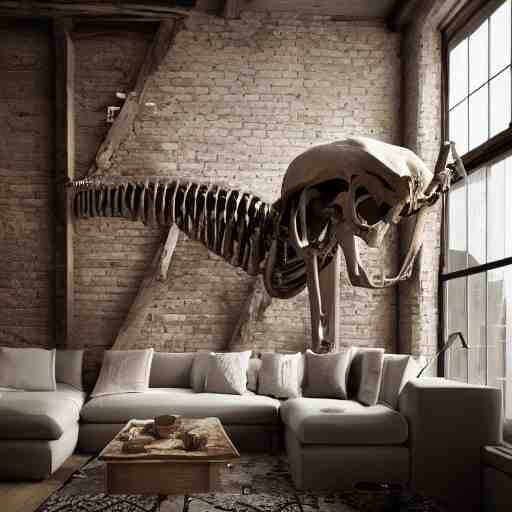 a beautifully decorated loft, interior design, mammoth skeleton in a corner, vray render, 8 k, artstation 